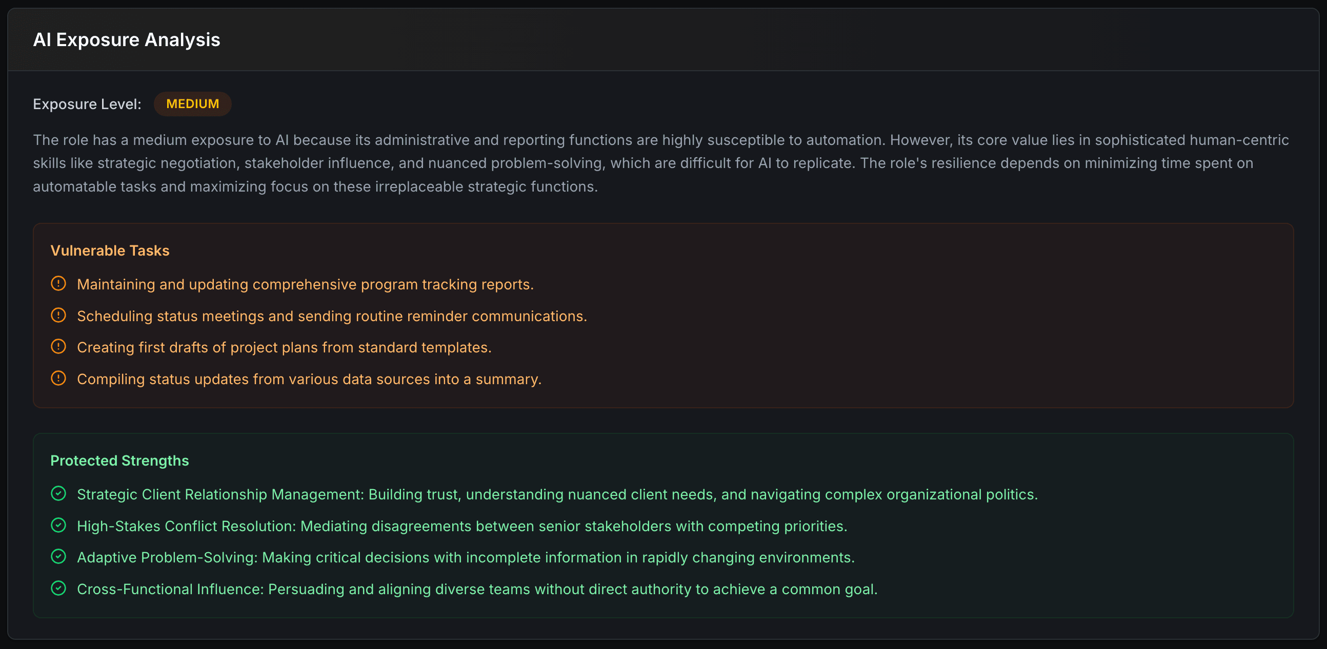 AI Readiness Analysis feature showing role exposure analysis and personalized strategies to stay ahead in an evolving job market