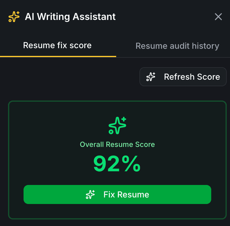 Resume Scoring & Fixing feature displaying ATS compatibility scores and actionable improvement guidance for job applications
