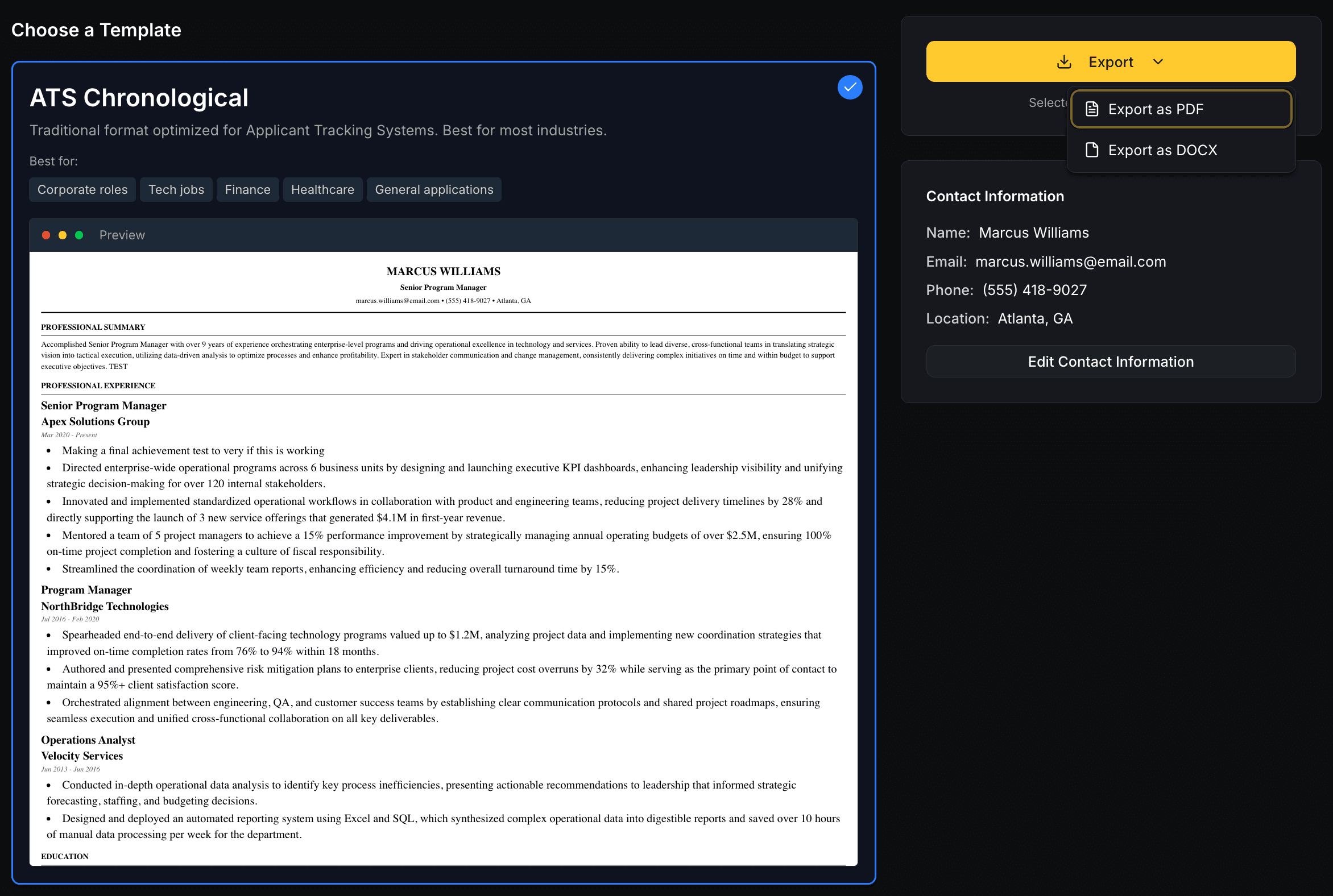 Professional Export Options Feature