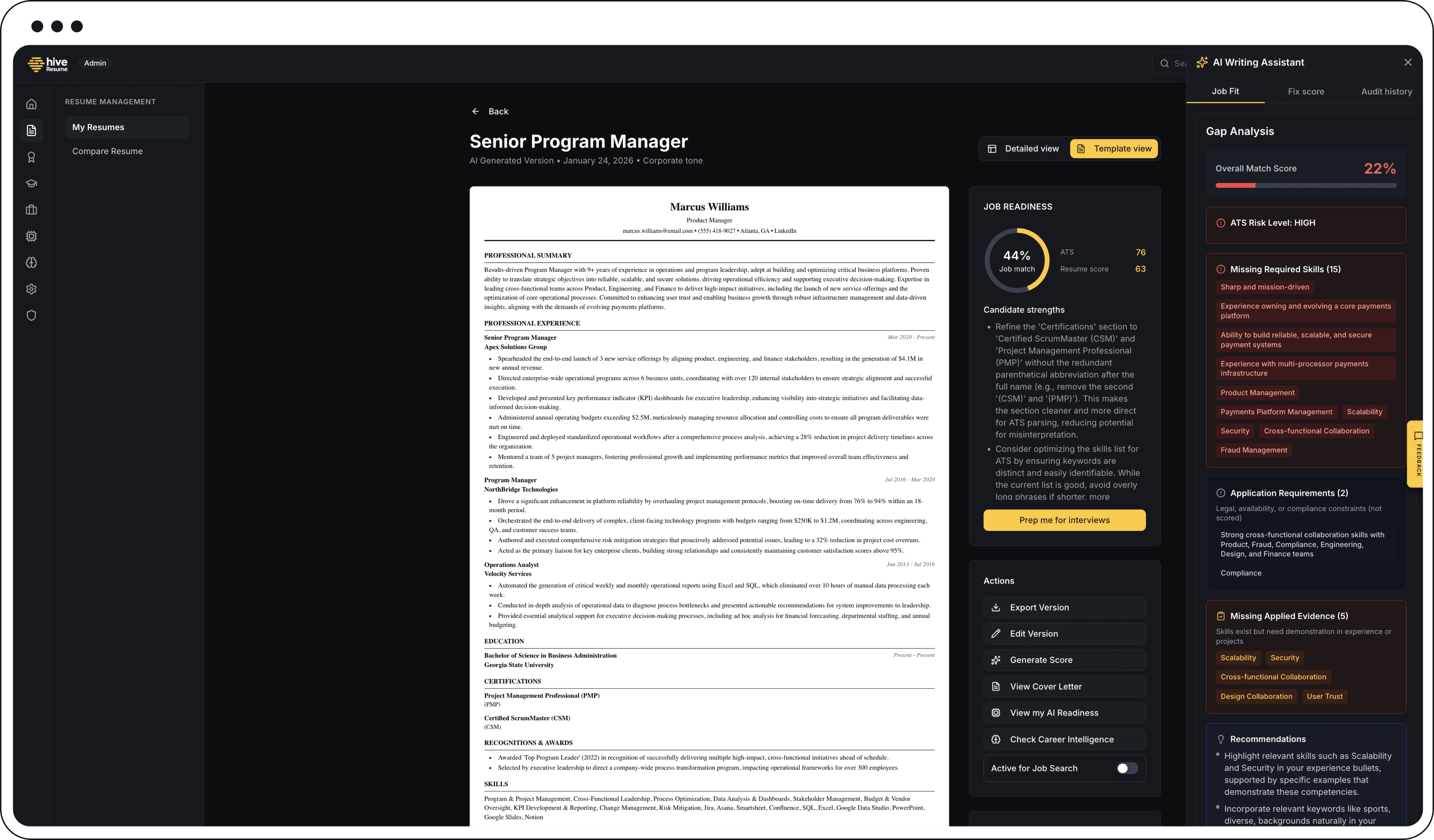 HiveResume resume editor with AI-enhanced content suggestions and professional formatting options